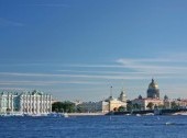 Saint-Petersburg. View of the Palace quay (Winter Palace - Hermitage, Admiralty, St. Isaac's Cathedral, Palace Bridge, Neva). Weather sunny.