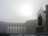 Kazansky Cathedral in winter, during snowfall