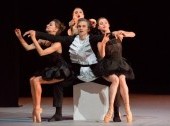 A scene from the performance. Artemy Belyakov as Baptista. Anna Tikhomirova as the Housekeeper. Daria Bochkova and Daria Khokhlova as Maidservants.