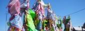 Wooden poles with a lot of imposed multicolored flaps and ribbons made of fabric
