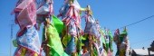 Wooden poles with a lot of imposed multicolored flaps and ribbons made of fabric