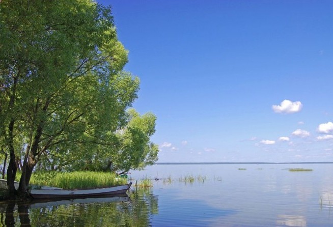 Fishing boat at lake in Pereslavl. Russia